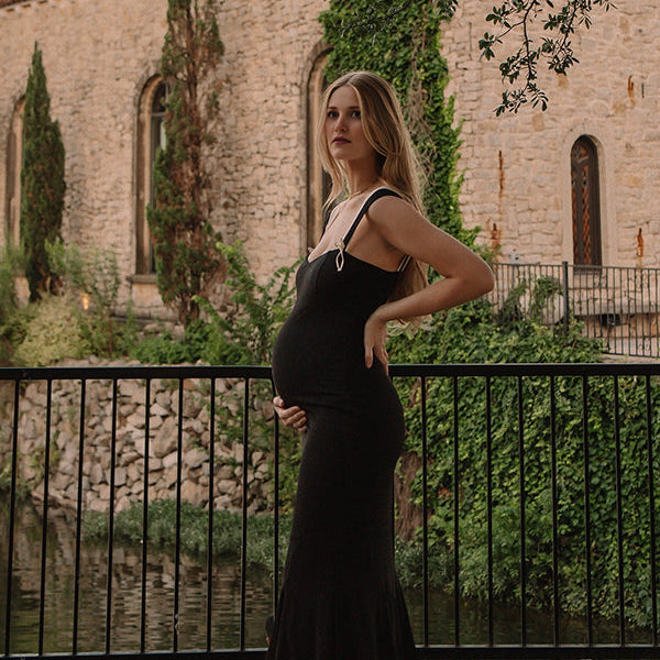 Momsmood Black Falbala Bow Ruffle Tank Patchwork Mermaid Sweetheart Neckline Elegant Evening Gown Maternity Photoshoot Baby Shower Maxi Dress