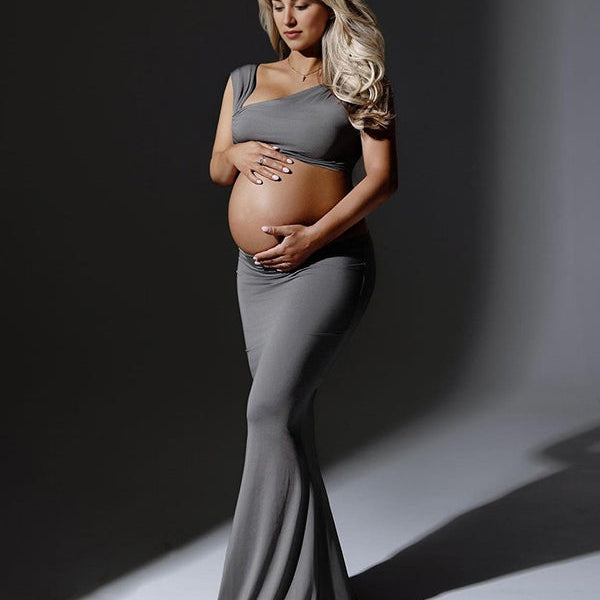 Momsmood Grey Irregular Backless Asymmetric Shoulder Bodycon 2-in-1 Mermaid Photoshoot Maternity Maxi Dress