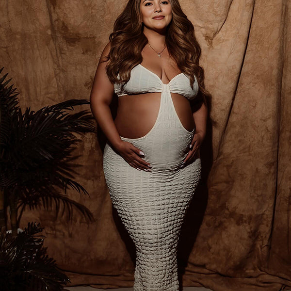 Momsmood Beige Cut Out Solid Color Mermaid Bodycon Vacation Photoshoot Babyshower Maternity Maxi Dress