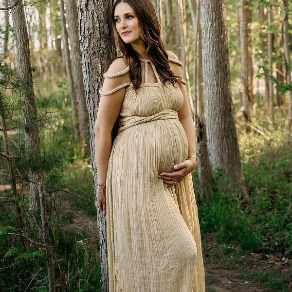 Momsmood Solid Color Drawstring Backless Cut Out Linen Cotton Vacation Gown Photoshoot Maternity Maxi Dress