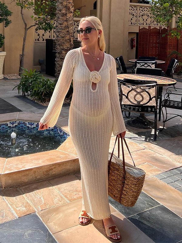 Momsmood White Knitwear 3D Flower Cut Out Sheer Backless Beach Dress Vacation Photoshoot Maternity Maxi Dress