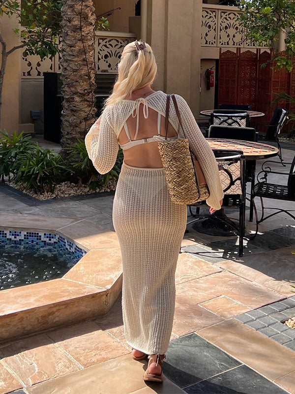 Momsmood White Knitwear 3D Flower Cut Out Sheer Backless Beach Dress Vacation Photoshoot Maternity Maxi Dress