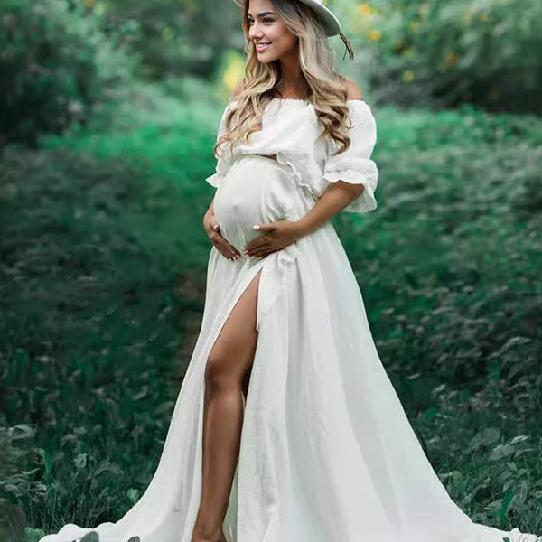 Momsmood Solid Color Off Shoulder Backless Ruffle Crop Side Slit 2-in-1 Photoshoot Maternity Maxi Dress