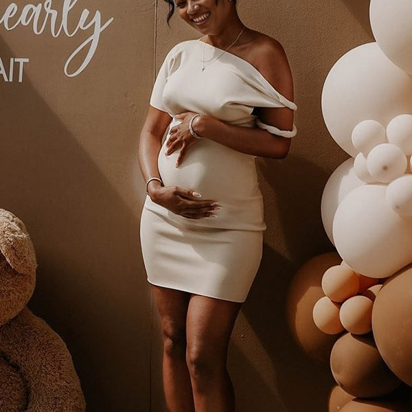 Momsmood Apricot Irregular Neck Asymmetric Shoulder Bandage Party Dress Bodycon Baby Shower Maternity Mini Dress