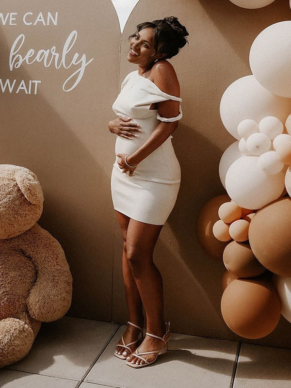 Momsmood Apricot Irregular Neck Asymmetric Shoulder Bandage Party Dress Bodycon Baby Shower Maternity Mini Dress