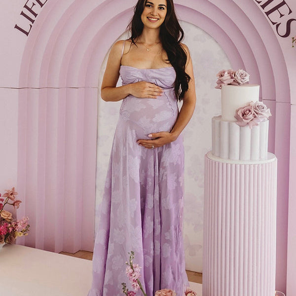Momsmood Violet Spaghetti Strap Backless Tie Back Big Swing Drawstring Baby Shower Maternity Maxi Dress