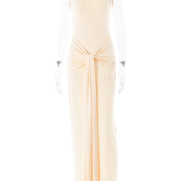 Momsmood Beige Ruched Wrap Draped High Neck Sleeveless Bodycon Chic Going Out Maternity Photoshoot Baby Shower Maxi Dress