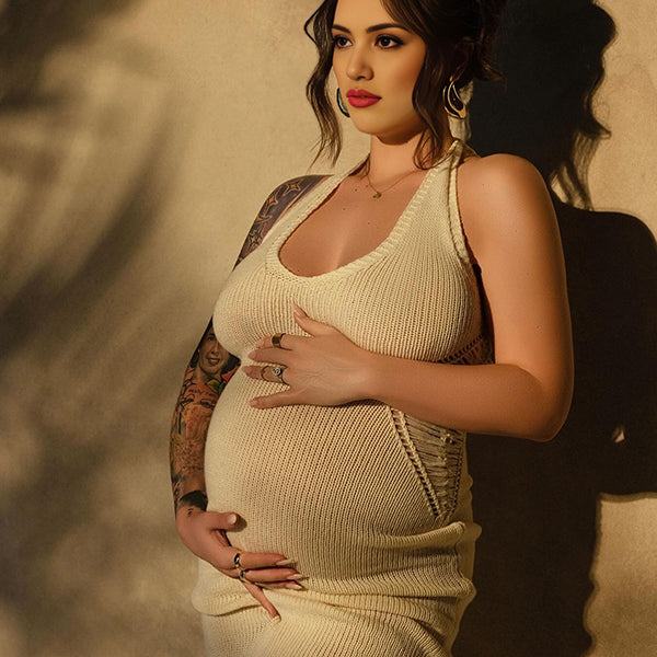 Momsmood Apricot Crochet Hollow Out Halter Neck Backless Bodycon Chic Baby Moon Beach Maternity Photoshoot Baby Shower Maxi Dress