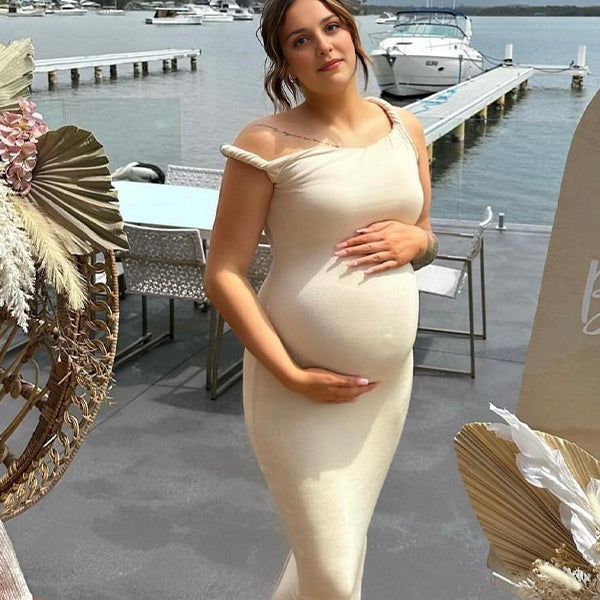 Momsmood Apricot Irregular Side Slit Asymmetric Shoulder Bodycon Elegant Babyshower Dress Photoshoot Maternity Maxi Dress