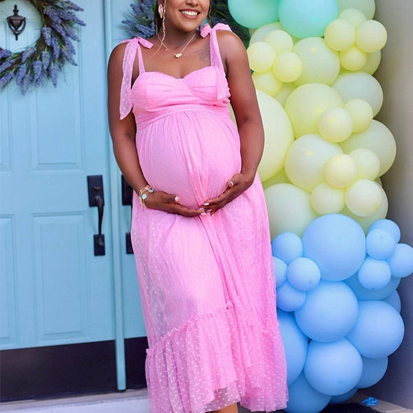 Momsmood Solid Color Tulle Spaghetti Strap Backless Ruffle Lace-up Grenadine Photoshoot Gown Baby Shower Maternity Maxi Dress