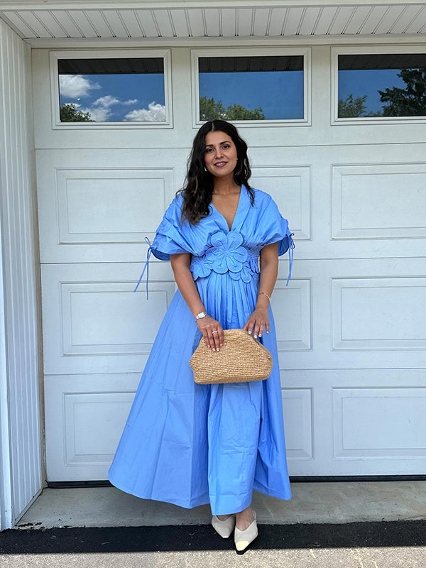 Momsmood Blue 3D Flowers Fleated Drawstring Big Swing Deep V-neck Elegant Holiday Vacation Maternity Photoshoot Baby Shower Maxi Dress