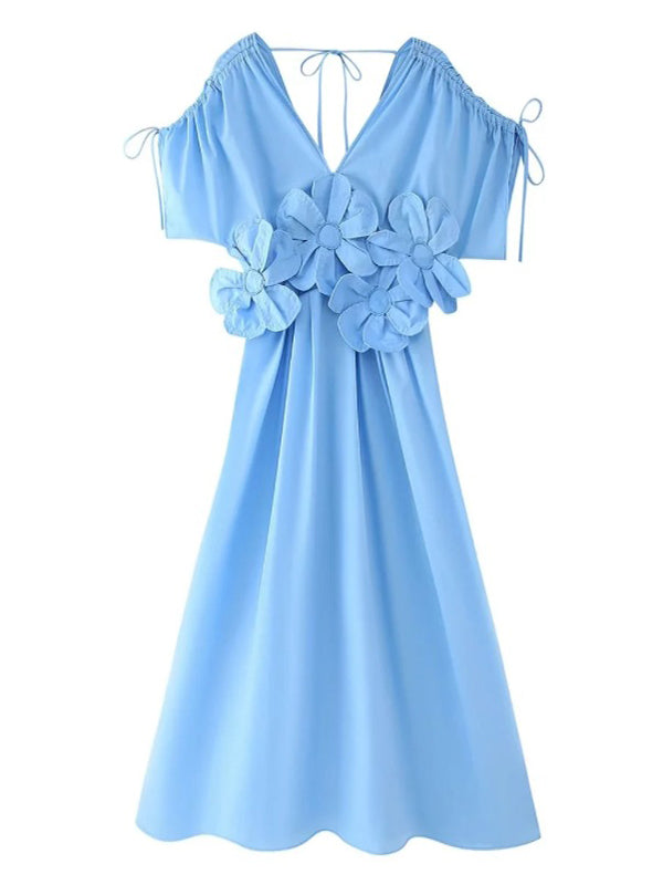 Momsmood Blue 3D Flowers Fleated Drawstring Big Swing Deep V-neck Elegant Holiday Vacation Maternity Photoshoot Baby Shower Maxi Dress