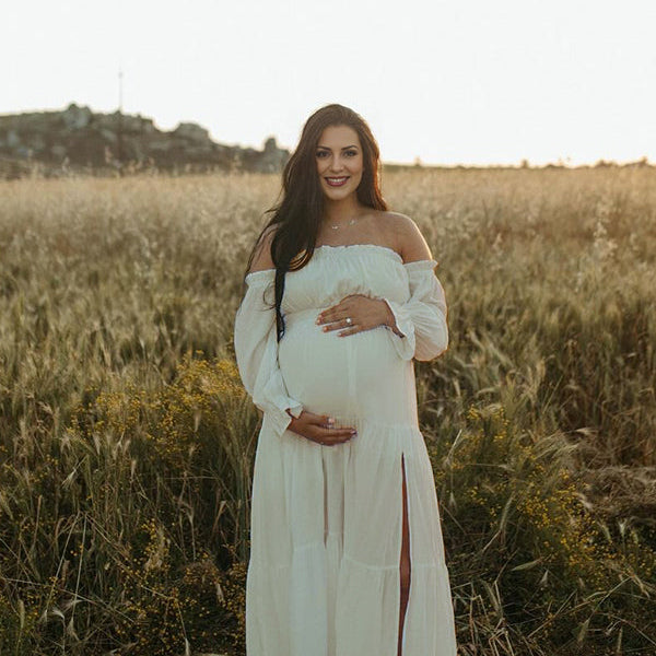 Momsmood Flowy Off Shoulder Ruffle Falbala Side Slit Big Swing Lantern Sleeve Elegant Holiday Vacation Boho Maternity Photoshoot Baby Shower Maxi Dress