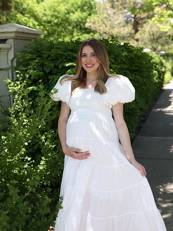 Momsmood White Smocked Square Neck Puff Sleeve Off Soulder Big Swing Elegant Holiday Vacation Boho Maternity Photoshoot Baby Shower Maxi Dress