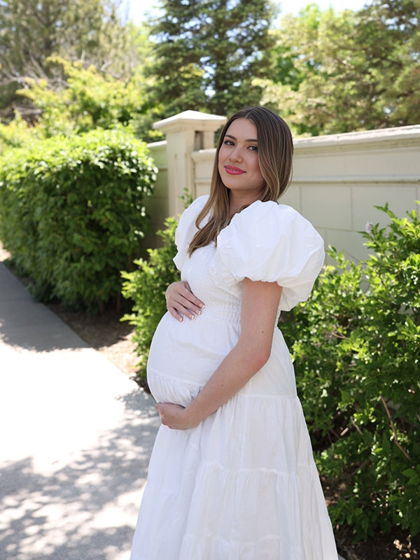 Momsmood White Smocked Square Neck Puff Sleeve Off Soulder Big Swing Elegant Holiday Vacation Boho Maternity Photoshoot Baby Shower Maxi Dress