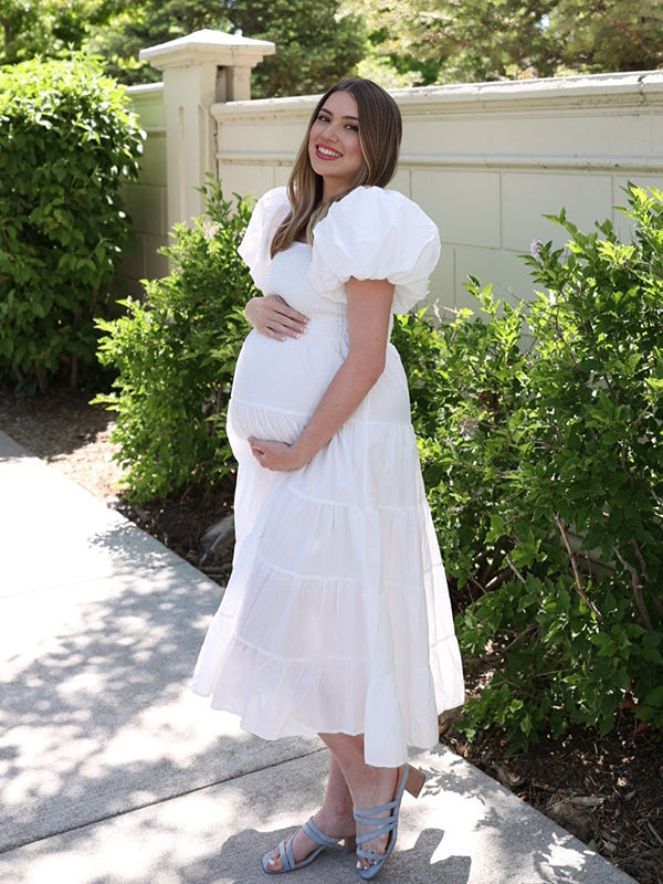 Momsmood White Smocked Square Neck Puff Sleeve Off Soulder Big Swing Elegant Holiday Vacation Boho Maternity Photoshoot Baby Shower Maxi Dress