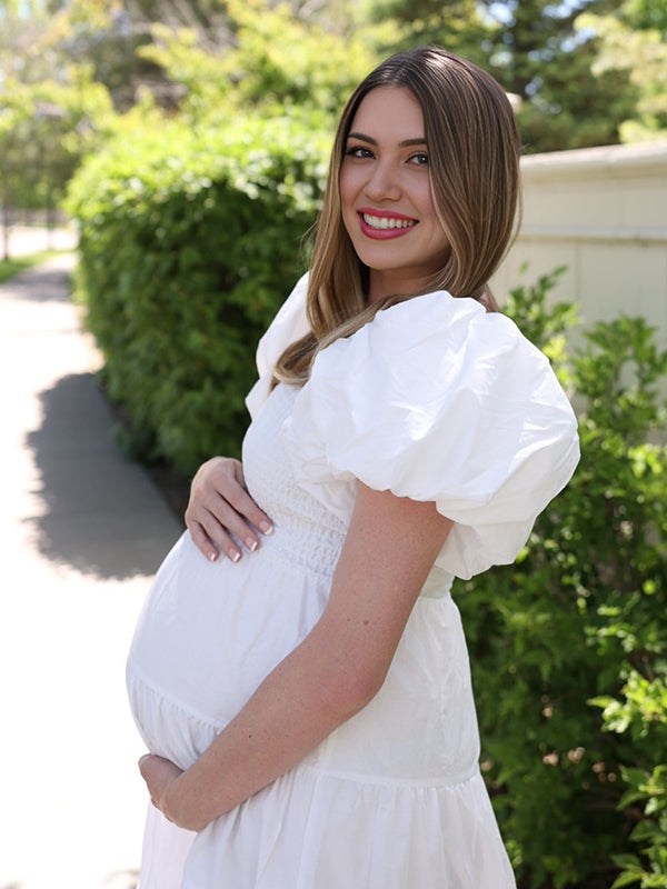 Momsmood White Smocked Square Neck Puff Sleeve Off Soulder Big Swing Elegant Holiday Vacation Boho Maternity Photoshoot Baby Shower Maxi Dress