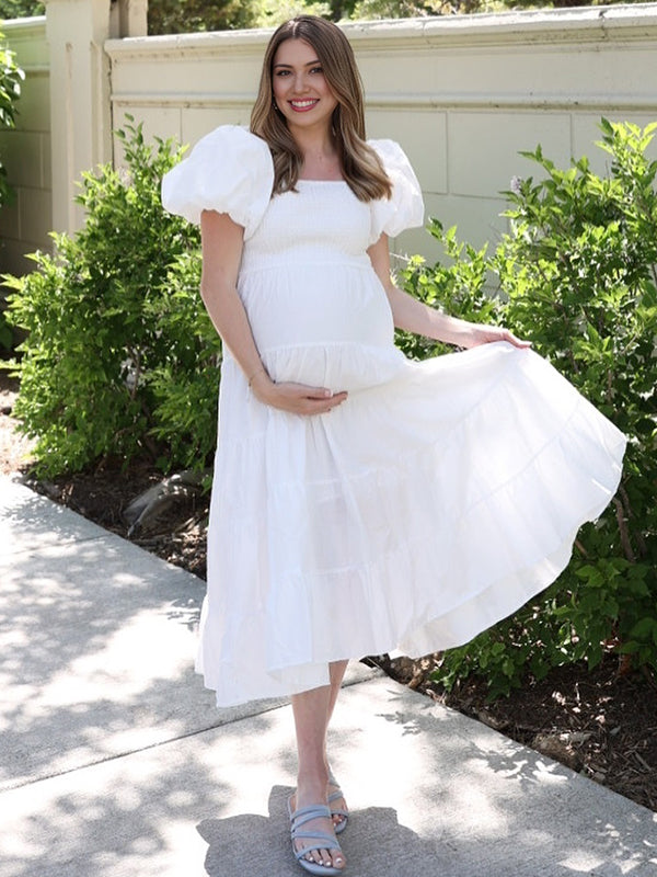 Momsmood White Smocked Square Neck Puff Sleeve Off Soulder Big Swing Elegant Holiday Vacation Boho Maternity Photoshoot Baby Shower Maxi Dress