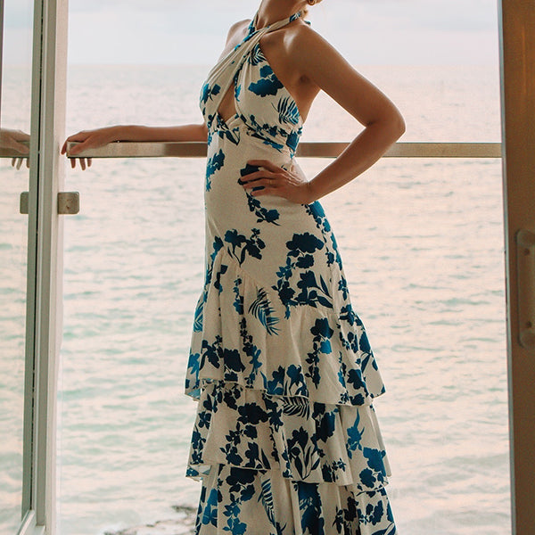 Momsmood Blue Floral Cake Ruffle Tie Flowy Halter Neck Elegant Vacation Photoshoot Baby Shower Maternity Maxi Dress