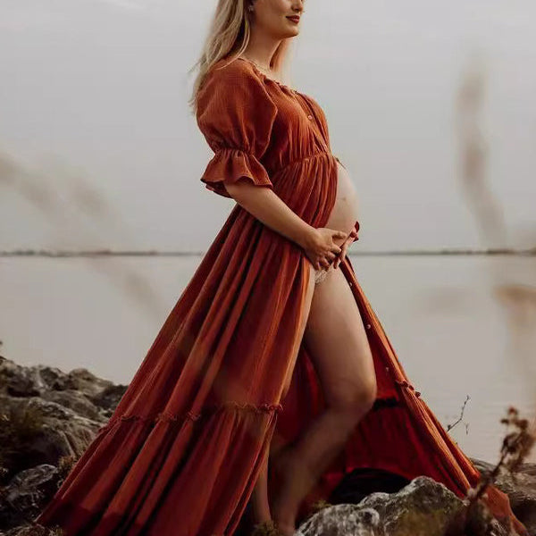 Momsmood Off Shoulder Buttons Front Slit Open Train Elegant Photoshoot Maternity Maxi Dress
