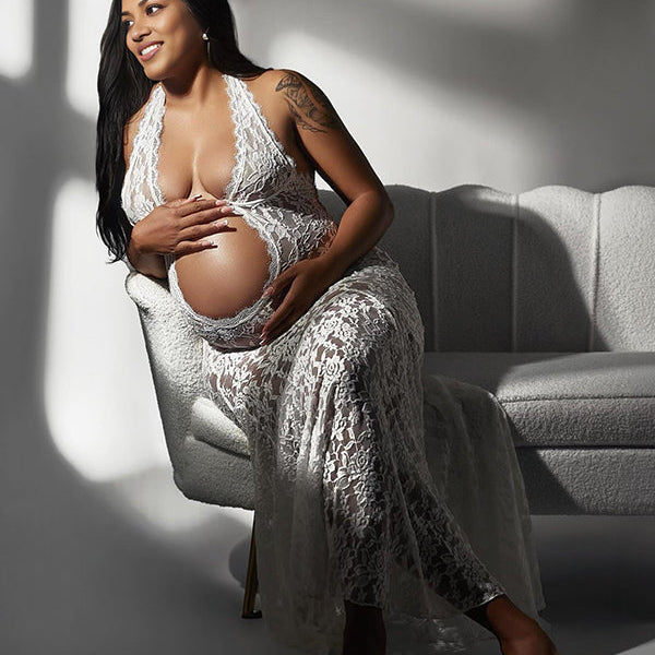 Momsmood White Lace Cut Out Backless Mermaid Sheer Elegant Photoshoot Maternity Maxi Dress