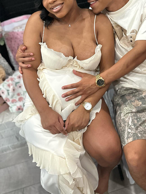 Momsmood White Tulle Ruffle Falbala Side Slit Corset Cami Elegant Cocktail Party Maternity Photoshoot Baby Shower Maxi Dress