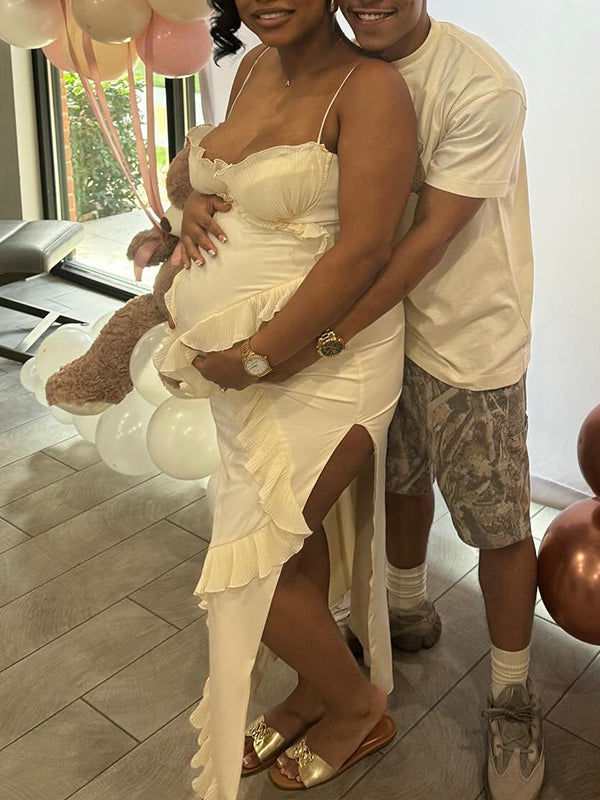 Momsmood White Tulle Ruffle Falbala Side Slit Corset Cami Elegant Cocktail Party Maternity Photoshoot Baby Shower Maxi Dress