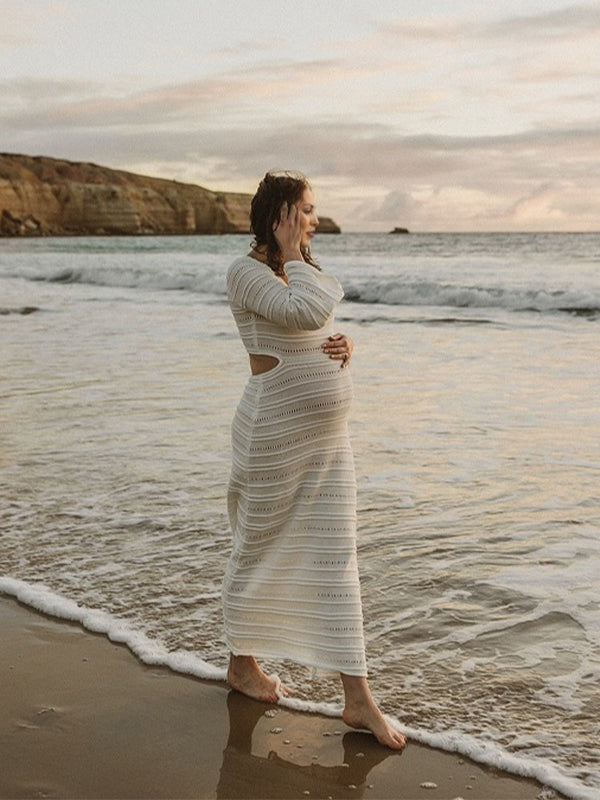 Momsmood White Side Cut Out Knit Flare Sleeve Beach Vacation Photoshoot Baby Shower Maternity Maxi Dress