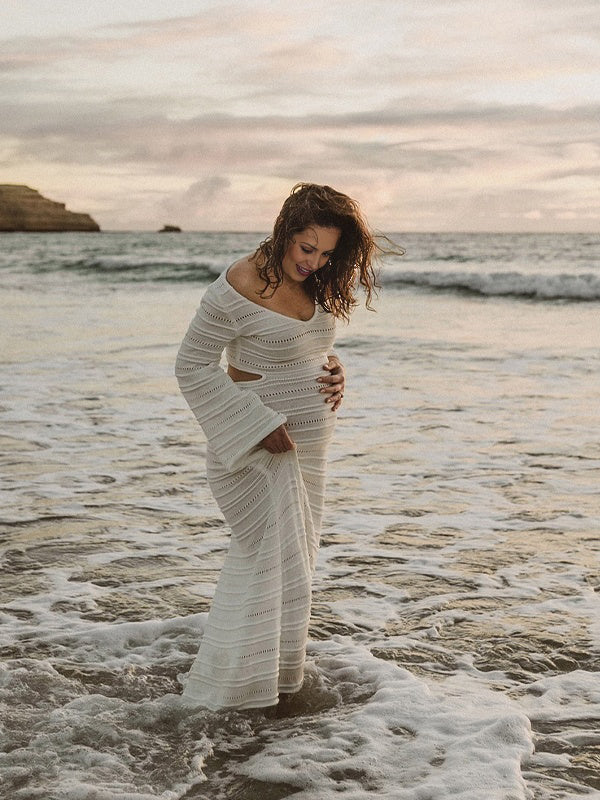 Momsmood White Side Cut Out Knit Flare Sleeve Beach Vacation Photoshoot Baby Shower Maternity Maxi Dress