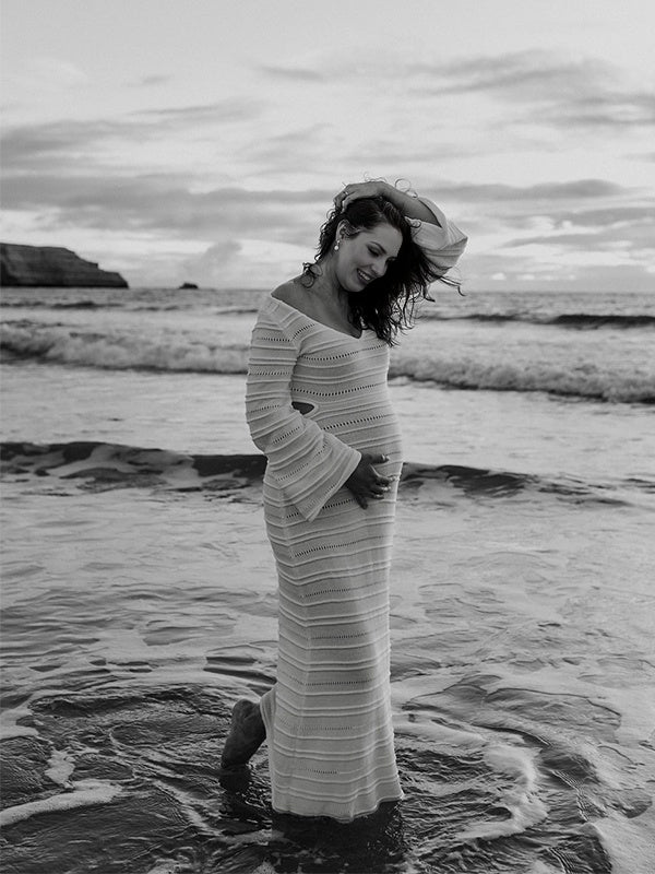 Momsmood White Side Cut Out Knit Flare Sleeve Beach Vacation Photoshoot Baby Shower Maternity Maxi Dress