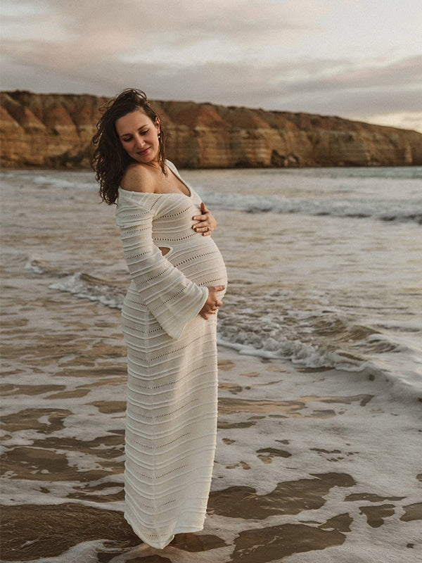 Momsmood White Side Cut Out Knit Flare Sleeve Beach Vacation Photoshoot Baby Shower Maternity Maxi Dress