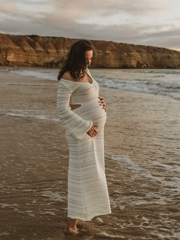 Momsmood White Side Cut Out Knit Flare Sleeve Beach Vacation Photoshoot Baby Shower Maternity Maxi Dress