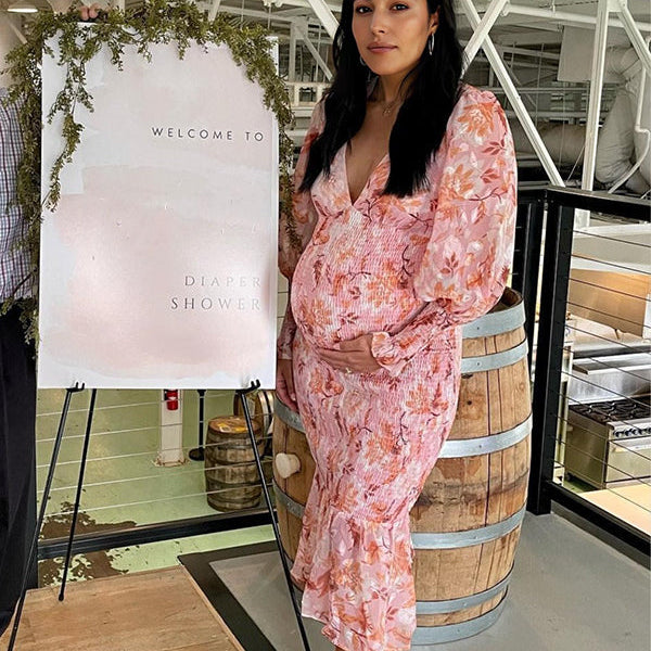 Momsmood Pink Floral Smocked Mermaid Deep V-neck Lantern Sleeve Elegant Cocktail Party Maternity Photoshoot Baby Shower Maxi Dress
