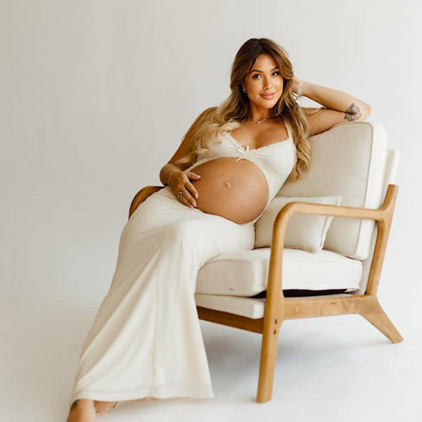 Momsmood White Spaghetti Strap Backless Ruffle Crop Bodycon Cocktail Party Gown Photoshoot Maternity Maxi Dress