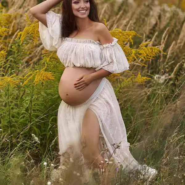 Momsmood White Boho Lace Bandeau Crop Ruffle 2-in-1 Side Slit Photoshoot Maternity Maxi Dress
