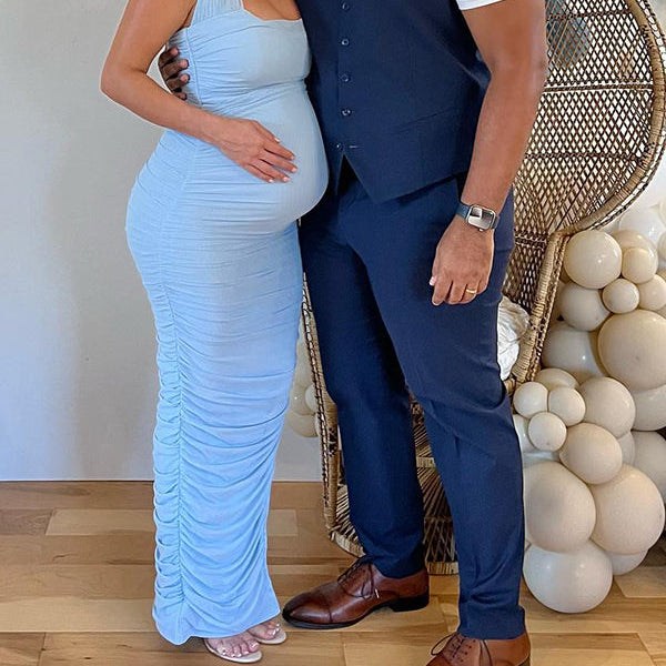Momsmood Blue Tulle Halter Neck Backless Cascading Ruffle Bodycon Side Slit Going Out Gowns Elegant Baby Shower Maternity Maxi Dress