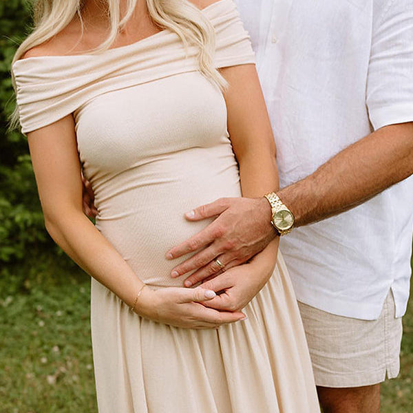 Momsmood Apricot Off Shoulder Ruched Backless Boat Neck Cap Sleeve Splicing Elegant Boutique Holiday Gowns Photoshoot Maternity Maxi Dress