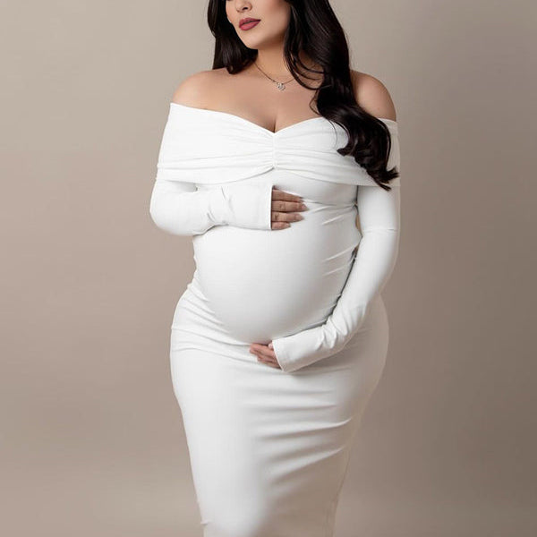 Momsmood White Ruched Off Shoulder Backless Bowknot Bandeau Bodycon Mermaid Cocktail Party Bandage Babyshower Gowns Photoshoot Maternity Maxi Dress