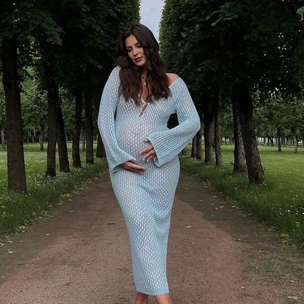 Momsmood Blue Crochet Hollow Out Backless Deep V-neck Flare Sleeve Elegant Baby Moon Beach Cover Up Photoshoot Baby Shower Maxi Dress
