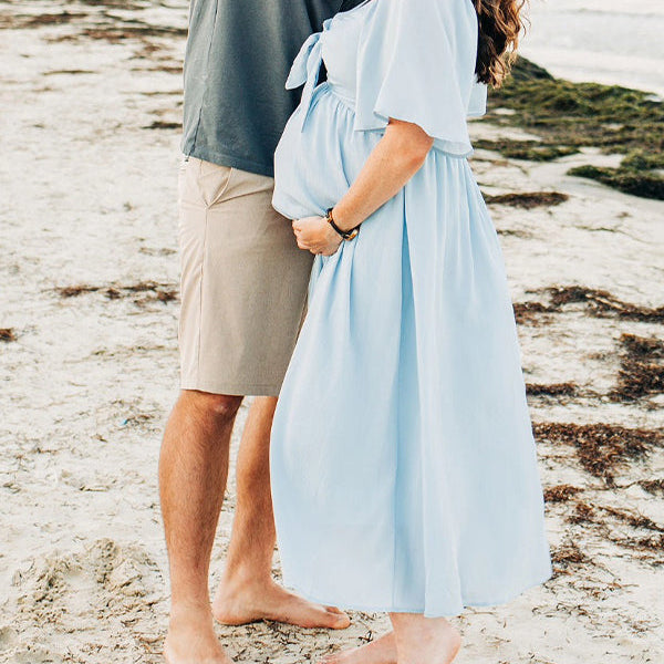 Momsmood Bow Flutter Sleeve Solid V-neck Flowy Beach Cute Photoshoot Baby Shower Maternity Maxi Dress