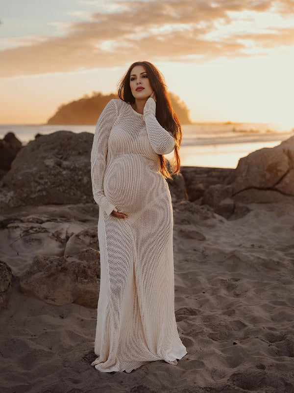 Momsmood Beige Back Tie Knit Cut Out Flare Sleeve Elegant Photoshoot Baby Shower Maternity Maxi Dress