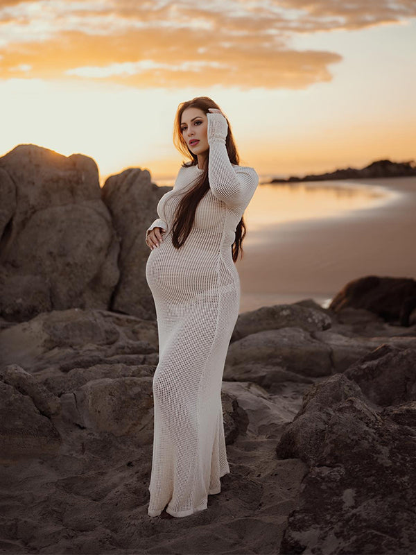 Momsmood Beige Back Tie Knit Cut Out Flare Sleeve Elegant Photoshoot Baby Shower Maternity Maxi Dress
