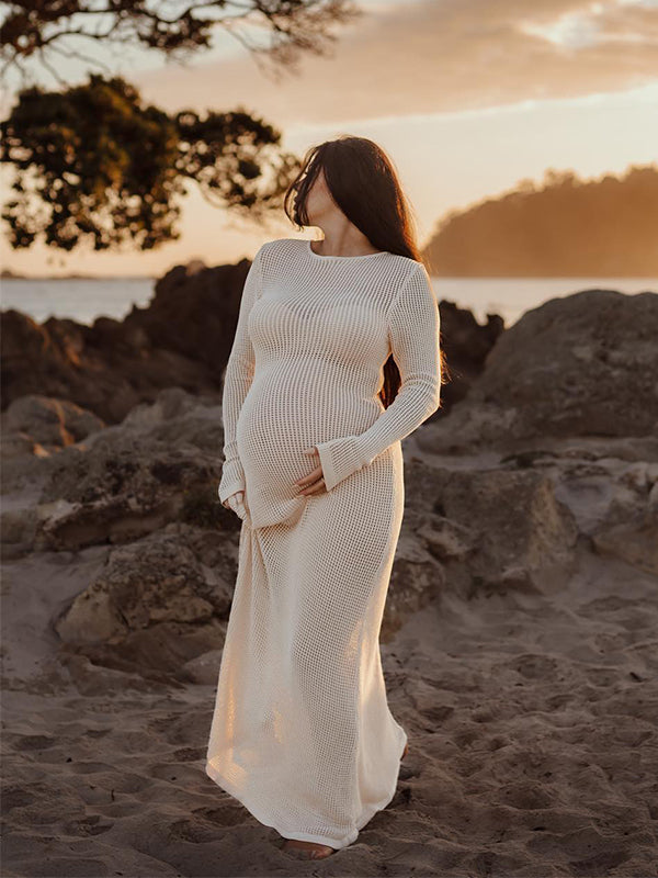 Momsmood Beige Back Tie Knit Cut Out Flare Sleeve Elegant Photoshoot Baby Shower Maternity Maxi Dress