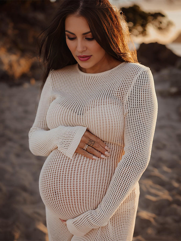 Momsmood Beige Back Tie Knit Cut Out Flare Sleeve Elegant Photoshoot Baby Shower Maternity Maxi Dress