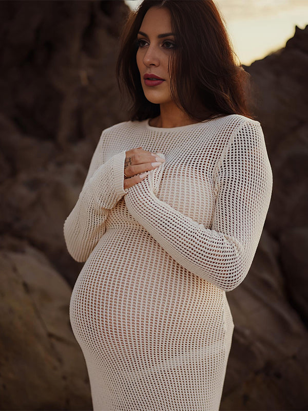 Momsmood Beige Back Tie Knit Cut Out Flare Sleeve Elegant Photoshoot Baby Shower Maternity Maxi Dress