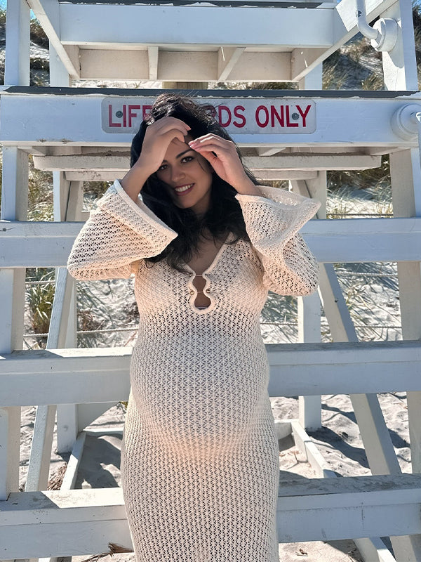 Momsmood Beige Cut Out Knit V-neck Flare Sleeve Backless Elegant Photoshoot Baby Shower Maternity Maxi Dress