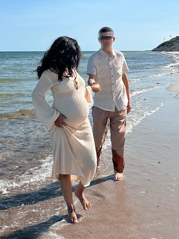 Momsmood Beige Cut Out Knit V-neck Flare Sleeve Backless Elegant Photoshoot Baby Shower Maternity Maxi Dress