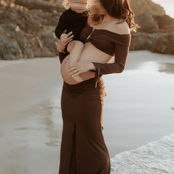 Momsmood Brown 2-in-1 Off Shoulder Flare Sleeve Ruched Back Slit Bodycon Elegant Photoshoot Maternity Maxi Dress