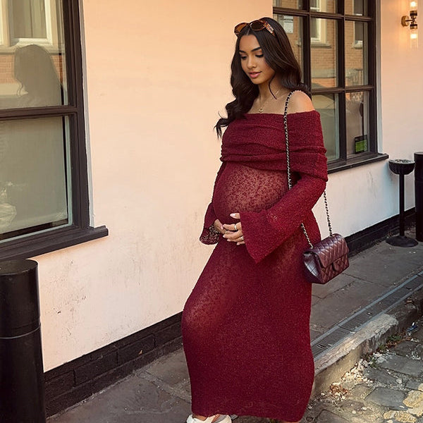 Momsmood Burgundy Knitted Off Shoulder Flare Sleeve Bodycon Elegant Baby Moon Beach Cover Up Maternity Photoshoot Baby Shower Maxi Dress