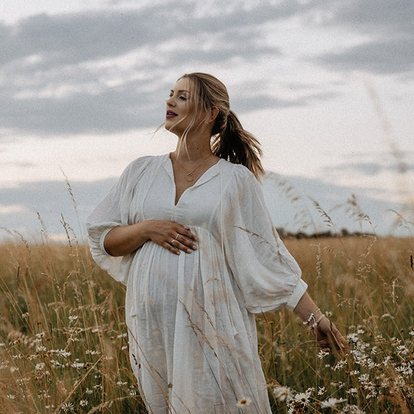 Momsmood White Front Tie Up Deep V-neck Lantern Sleeve Loose Sundress Elegant Vacation Baby Moon Flowy Boho Maternity Photoshoot Baby Shower Maxi Dress